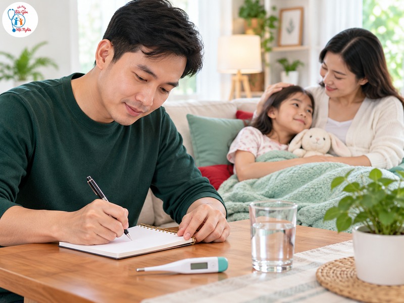 Ghi lại nhiệt độ, diễn biến và hướng dẫn đã nhận để người chăm sóc theo dõi thống nhất.