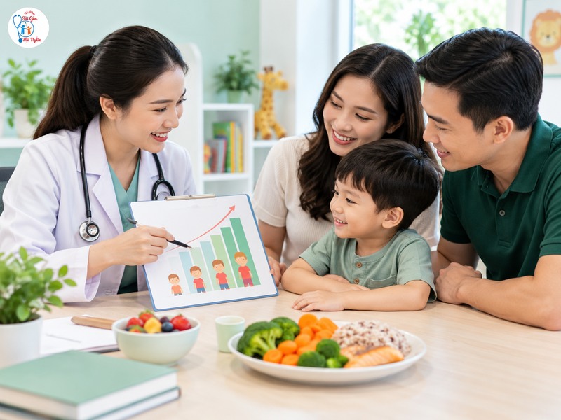 Theo dõi tăng trưởng cần kết hợp số đo qua thời gian và thông tin ăn uống.
